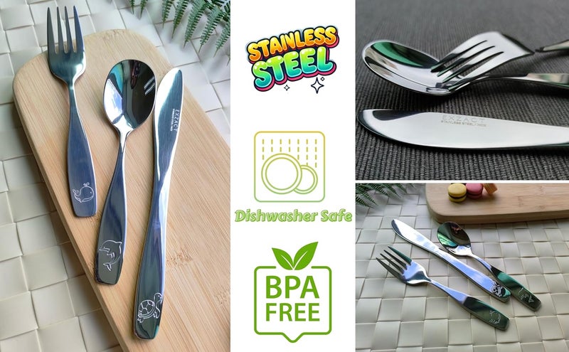 Exzact Children Flatware 6pcs, Stainless Steel Kids Silverware Toddler, Dishwasher Safe, BPA Free, 24M+, Engraved Ocean Creatures Dolphin, Turtle, Whale - Image 4